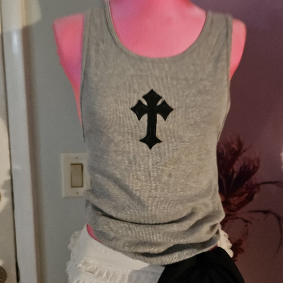 Grey Tank Top Goth Cross Chrome Hearts Looking Top - Picture 13 of 16